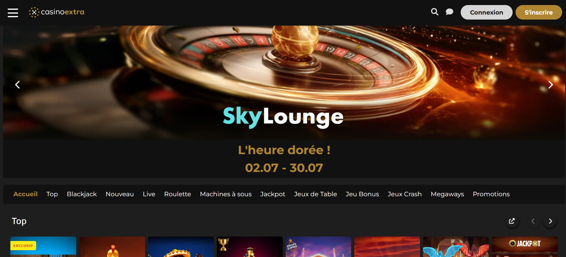 Interface de la page d'accueil Casino Extra, extra casino en ligne France.
